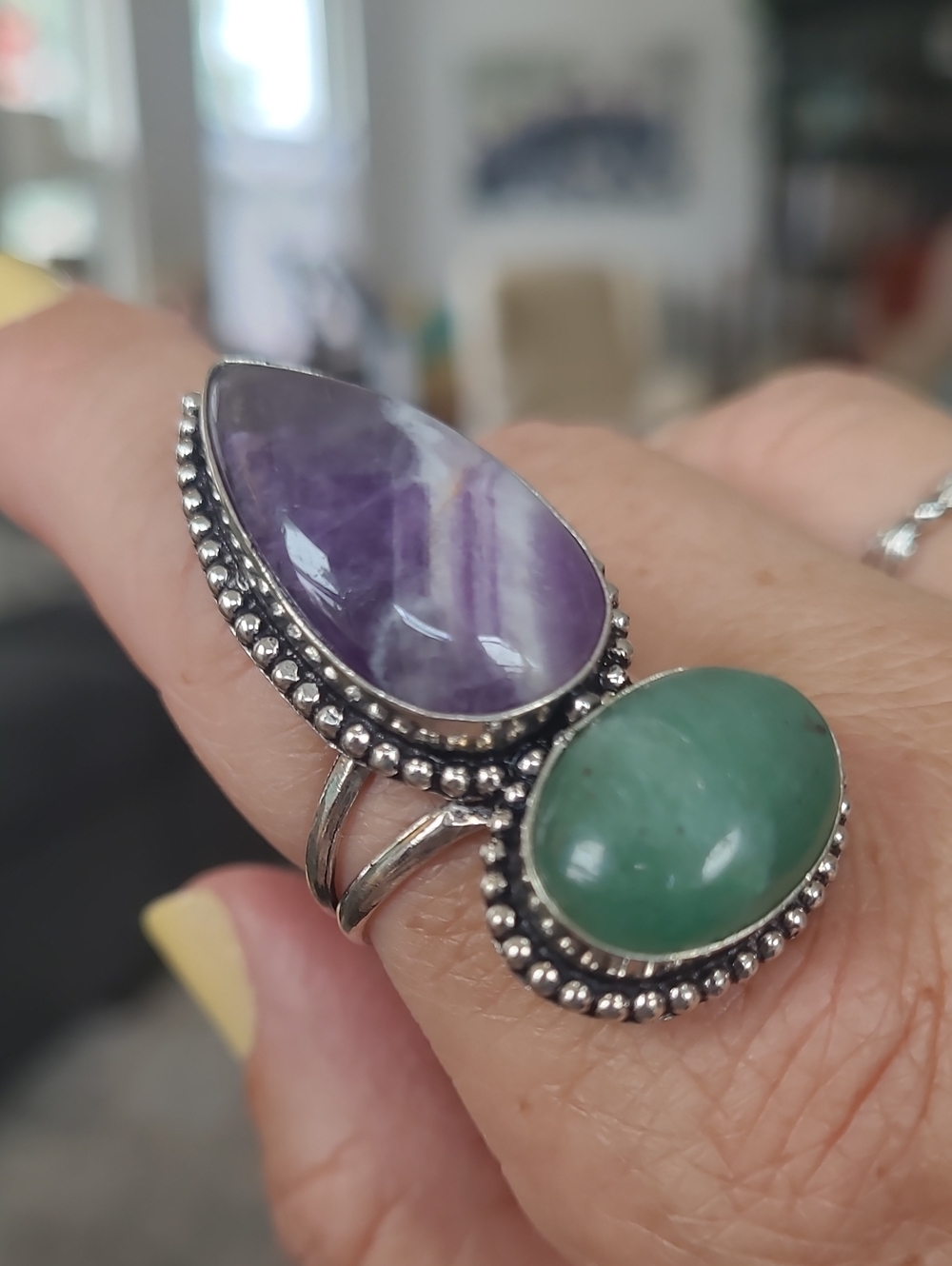 925 Silver Amethyst And Green Adventurine Ring